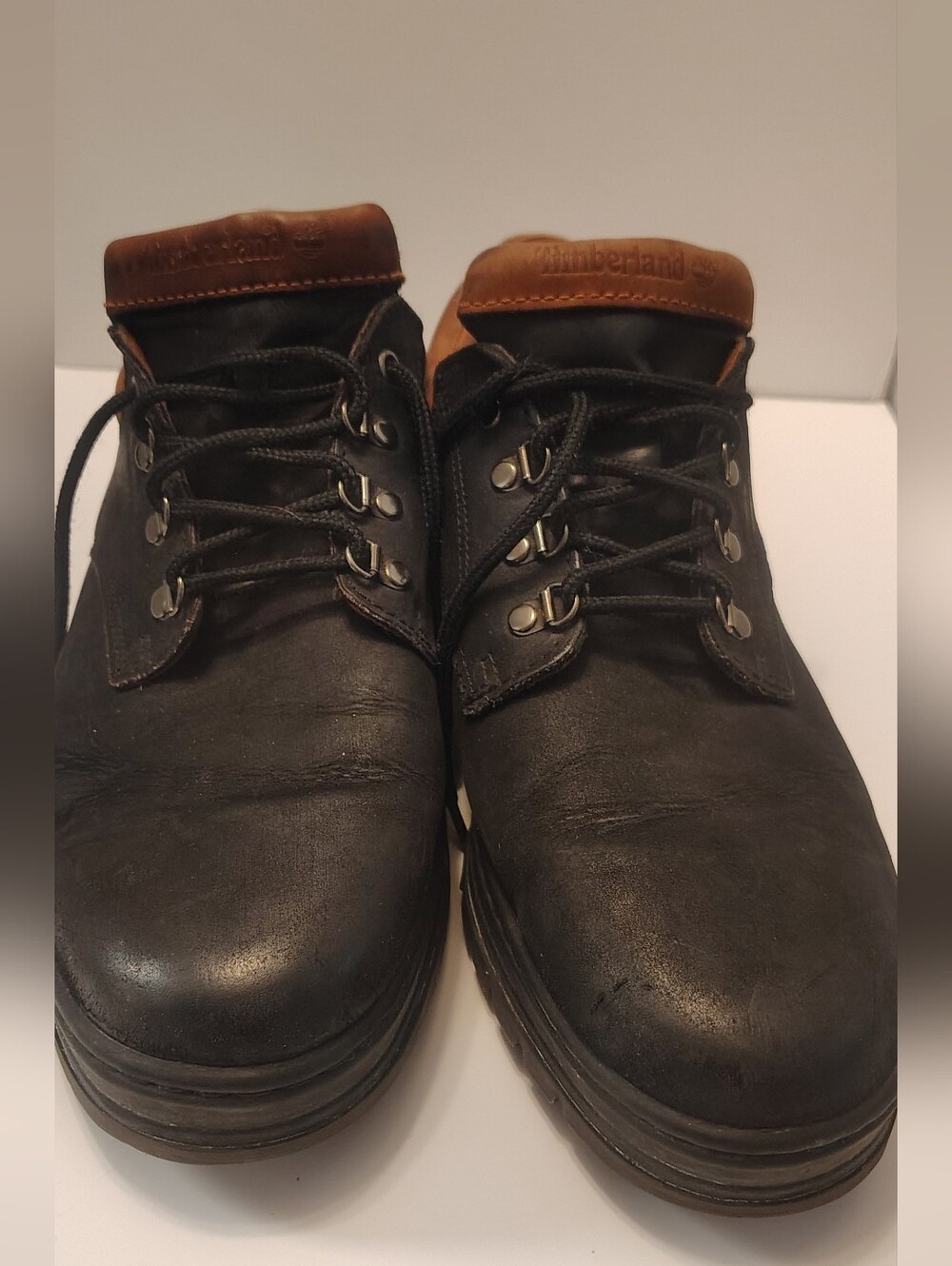 Timberland Black Leather Work-Style Lace-Up Boots with Brown Collar Size 13.